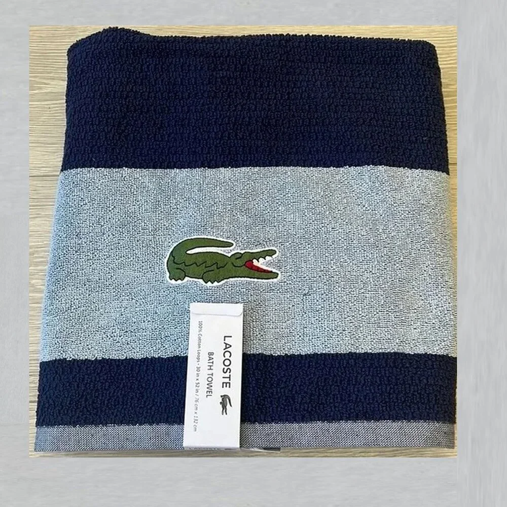 LACOSTE Big Crocodile Navy Blue Bath Towel Measures 30 x 52 Inches